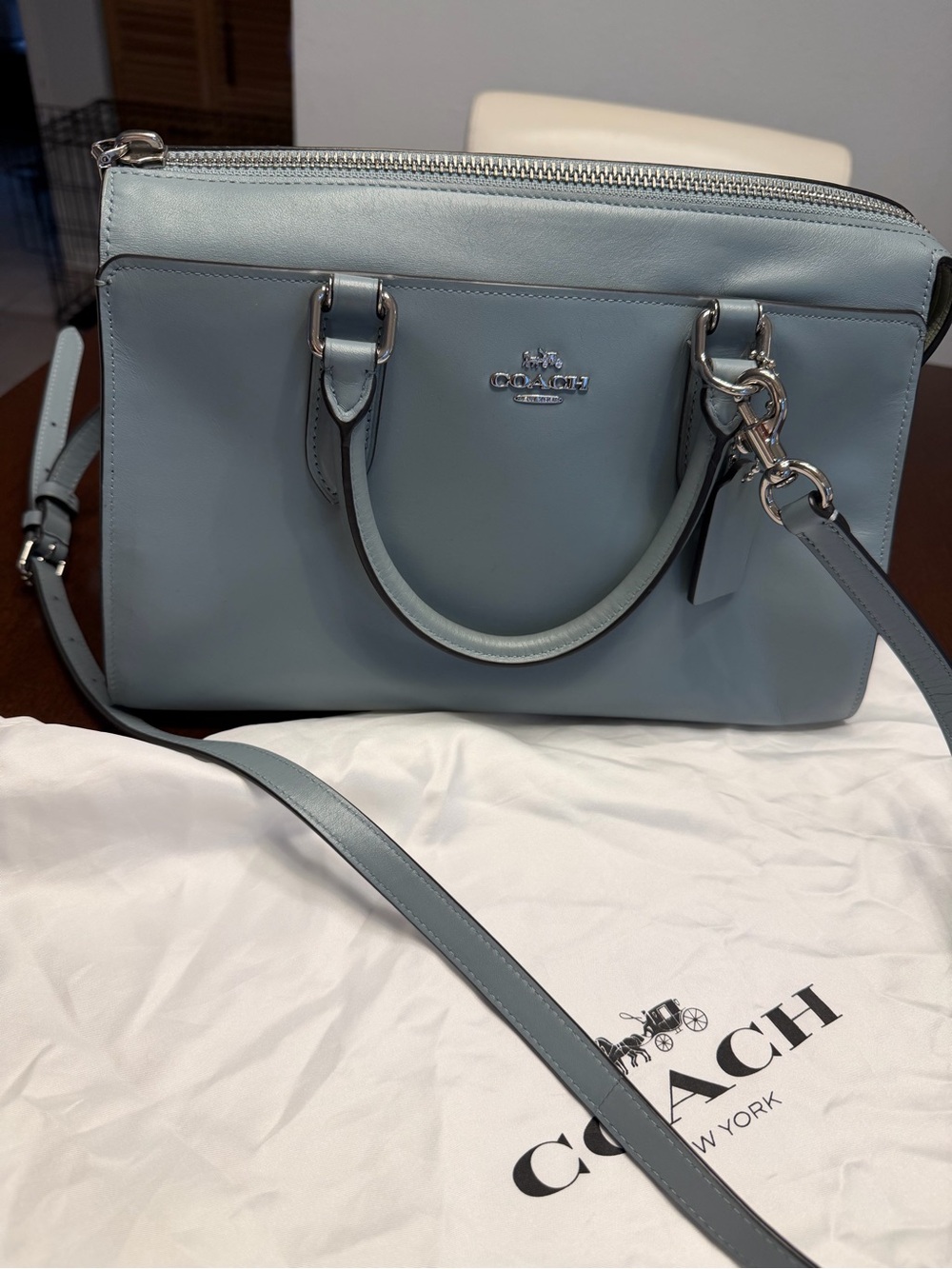 Coach Light Blue Leather Satchel with Detachable Strap